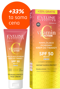 Nawilżająco-ochronny krem do twarzy Eveline Vitamin C 3xAction SPF 50 w tubce i pudełku, +33% GRATIS.