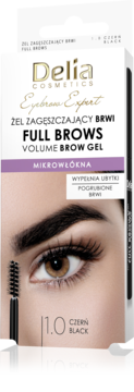 Delia Eyebrow Expert Full Brows czarny żel zagęszczający z mikrowłóknami, białe opakowanie z modelem.
