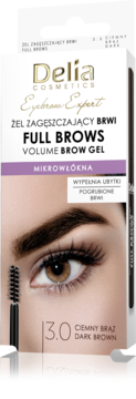 Delia Cosmetics Full Brows Volume Brow Gel Dark Brown 3.0, z mikrowłóknami, w białym pudełku z aplikatorem i okiem.