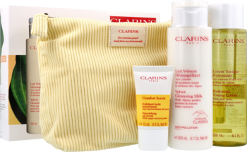 CLARINS ,zestaw kosmetyków do oczyszczania twarzy, mleczko oczyszczające + balsam tonizujący +  peeling + kosmetyczka, skóra normalna i sucha,kompozycja-2