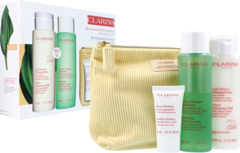 CLARINS ,zestaw kosmetyków do oczyszczania twarzy, mleczko oczyszczające + balsam tonizujący +  peeling + kosmetyczka, skóra mieszana i tłusta,kompozycja-2