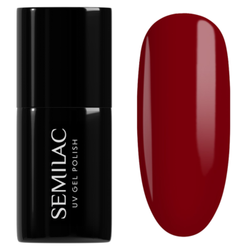 Półkryjący lakier hybrydowy Semilac Radiant Raspberry, malinowa czerwień, butelka obok błyszczącego wzornika.