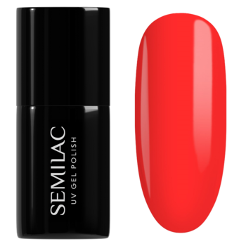 Lakier hybrydowy Semilac Neon Watermelon: czarna butelka i błyszczący swatch w soczystej czerwieni na paznokciu.