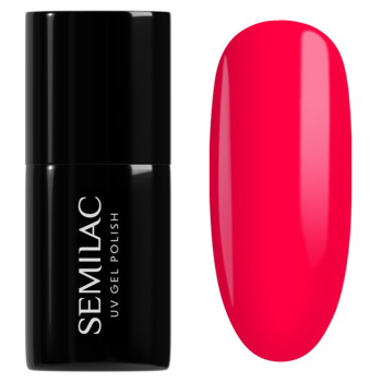 Lakier hybrydowy Semilac Neon Ruby w czarnej butelce i intensywny malinowy swatch na paznokciu.