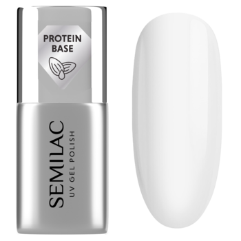 Semilac Protein Base UV Gel Polish: srebrna butelka z napisem, obok mlecznobiały swatch produktu.