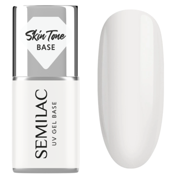 Semilac Skin Tone Cover Base UV gel, butelka z białą etykietą i biały wzornik paznokci mleczka kokosowego.