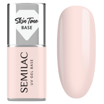 Semilac Skin Tone Cover Base: butelka beżowo-różowej bazy hybrydowej oraz wzornik koloru nude na paznokciu.