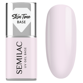 Semilac Skin Tone Cover Base: butelka z różową bazą hybrydową i wzornik mlecznego, chłodnego różu.