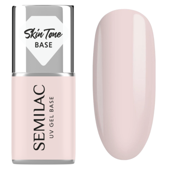 Semilac Skin Tone Cover Base UV Gel Base w różowo-beżowej butelce i błyszczący swatch nude, widok frontalny.