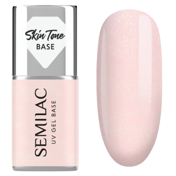 Semilac Skin Tone Cover Base, baza hybrydowa w mlecznym różu z pyłkiem. Butelka i swacz koloru na białym tle.