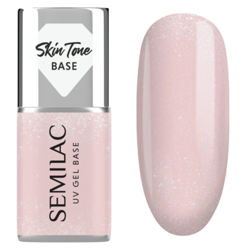 Semilac Skin Tone Cover Base, baza hybrydowa w chłodnym beżu z różem i błyszczącymi drobinkami, butelka i wzornik.