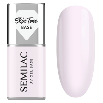 Semilac Skin Tone Cover Base UV, baza hybrydowa mleczny róż, butelka i swatch paznokcia, widok z przodu.