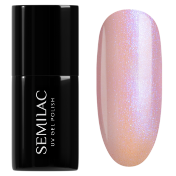 Semilac Blue Glazed lakier hybrydowy: czarna butelka i swatch półprzezroczystego, różowego lakieru z opalizującymi drobinkami.