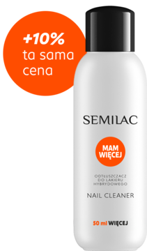 Biała butelka Semilac Nail Cleaner 50 ml, odtłuszczacza do hybryd, widok z przodu, pomarańczowa etykieta.