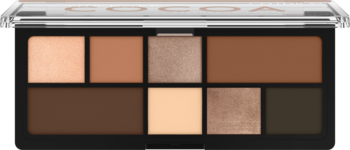 Paleta cieni Catrice Dark Cocoa, 8 odcieni nude i brązu, matowe i błyszczące. Widok z góry.