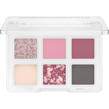 Paleta Catrice Tiny Pleasures. Widok z góry na 6 cieni: matowe róż, szarość, beż; metaliczny i brokatowy róż.