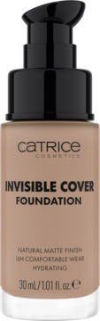 Catrice Invisible Cover Foundation w beżowej butelce z pompką, widok z przodu, 30ml, naturalny mat.