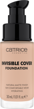 Matujący podkład Catrice Invisible Cover Foundation 012C w szklanej butelce z pompką, widok z przodu.