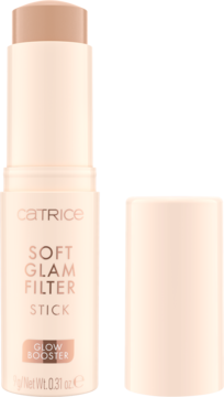 Catrice Soft Glam Filter Stick, jasny podkład glow booster w sztyfcie z ciepłymi podtonami, obok nakrętka.