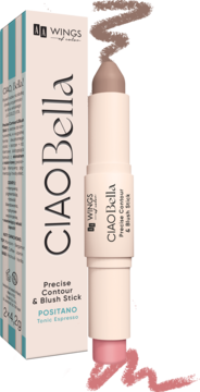 AA Wings Ciao Bella Precise Contour & Blush Stick Positano, dwustronny, brązowo-różowy sztyft obok opakowania.