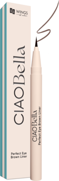 AA Wings Ciao Bella Perfect Eye Brown Liner: brązowy eyeliner w pisaku i jego jasnobeżowe opakowanie.