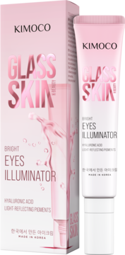 KIMOCO Glass Skin Bright Eyes Illuminator tube and box, pink, with hyaluronic acid & light-reflecting pigments.