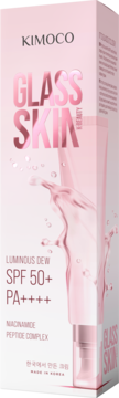 Różowe pudełko kremu do twarzy Kimoco Glass Skin SPF 50+ PA++++ z niacynamidem i peptydami, widok z przodu.