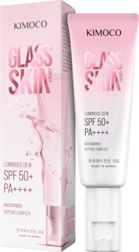 Krem do twarzy SPF 50+ PA++++ Kimoco Glass Skin z niacynamidem w tubce i pudełku, widok z przodu.