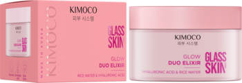 Kimoco Glass Skin Duo Elixir, różowy krem-serum z kwasem hialuronowym w pudełku i słoiczku, widok z przodu.
