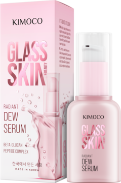 Różowe serum rozświetlające Kimoco Glass Skin z beta-glukanem i peptydami, butelka i pudełko, widok z przodu.
