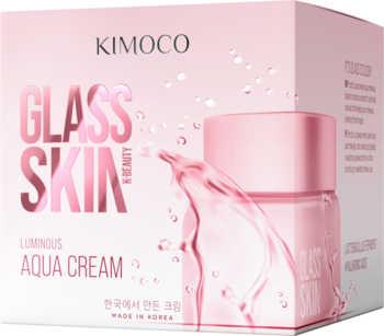 Różowo-białe pudełko Kimoco Glass Skin Luminous Aqua Cream z różowym słoikiem i efektem wody, widok z przodu.
