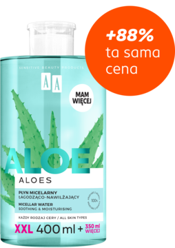 AA Aloes płyn micelarny łagodząco-nawilżający 750 ml w turkusowej butelce, z promocją +88%.
