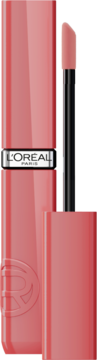 Otwarta różana pomadka w płynie L'Oréal Infaillible Le Nu Rose, z widocznym aplikatorem i srebrnym logo L'Oréal Paris.