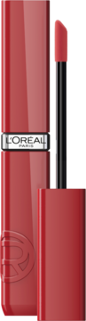 Błyszcząca pomadka w płynie L'Oréal Infaillible Drunk in Rose, czerwone opakowanie, z aplikatorem.
