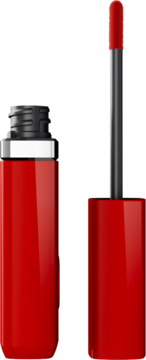 Otwarta czerwona pomadka w płynie L'Oréal Paris. Błyszcząca butelka obok aplikatora ze ściętą końcówką.