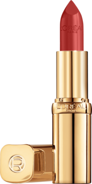 Czerwona pomadka L'Oréal Paris w złotym opakowaniu z wysuniętym sztyftem, obok leży skuwka z logo R.