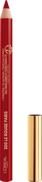 Czerwona konturówka do ust L'Oréal Paris 300 Le Rouge Paris z odkręconą złotą skuwką, widok z przodu.