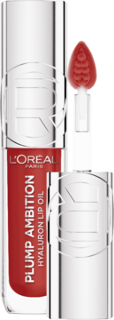 L'Oréal Plump Ambition Hyaluron Lip Oil, czerwony, z otwartą srebrną zatyczką i aplikatorem.