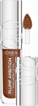 Otwarty L'Oréal Paris Plump Ambition Hyaluron Lip Oil, brązowy, ze srebrną nakrętką i widocznym aplikatorem.