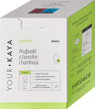 Opakowanie podpasek Your Kaya Super z bawełny i bambusa dla skóry wrażliwej, 10 sztuk, biało-zielone, przód i bok.