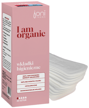 Różowe pudełko Joni Teens I am organic, wkładki higieniczne z organicznej bawełny, widok pod kątem.