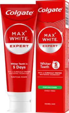 Czerwona pasta Colgate Max White Expert w tubie i kartoniku, z napisem 'Whiter Teeth in 5 Days', widok z przodu.