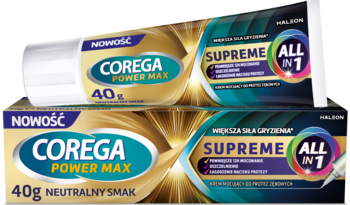 Dwie tubki kremu Corega Power Max Supreme All in 1 40g neutralny smak, złoto-turkusowe opakowanie, widok z przodu.