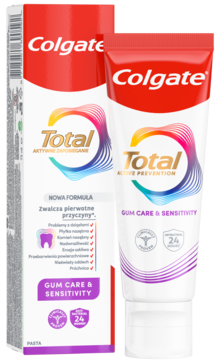Colgate Total Active Prevention Gum Care & Sensitivity pasta do zębów, biała tubka i pudełko z fioletowym paskiem.