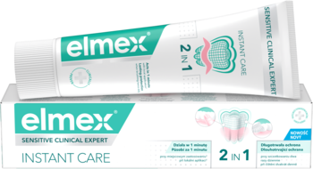 Elmex Sensitive Clinical Expert Instant Care pasta do zębów z fluorem w białej tubce i pudełku, widok z góry.