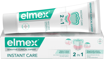 Pasta do zębów Elmex Sensitive Clinical Expert Instant Care 2w1 z fluorem, biała tubka na pudełku.