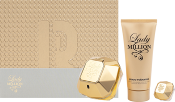 Złoty zestaw Paco Rabanne Lady Million: woda perfumowana w diamentowej butelce, balsam i miniaturka. Widok z przodu.