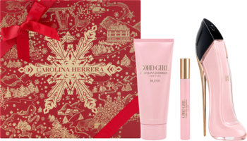 Zestaw Carolina Herrera Good Girl Blush: czerwone, złoto zdobione pudełko, różowa butelka szpilka, 10ml EDP i balsam.