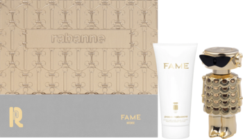 Damski zestaw prezentowy Paco Rabanne Fame Intense: złota woda perfumowana robot i biały balsam do ciała z pudełkiem.