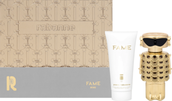 Paco Rabanne Fame Intense: złoty flakon EDP 50ml, biały balsam 75ml i ozdobne pudełko na ciemnym tle.